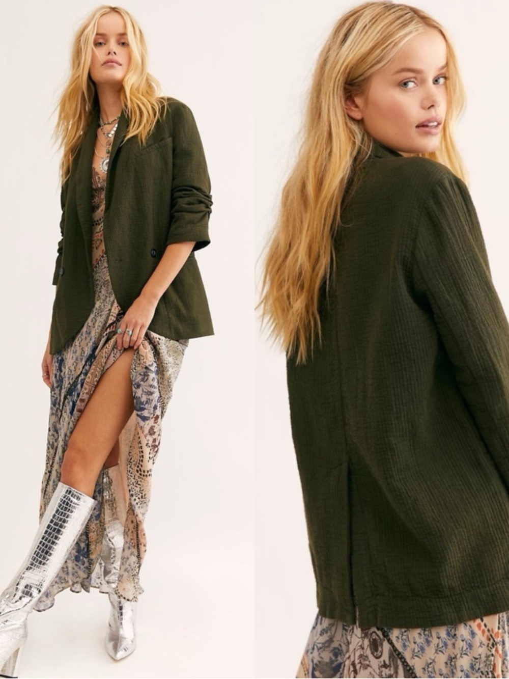 FREE PEOPLE Rowan Green Cotton Gauze Blazer Jacket